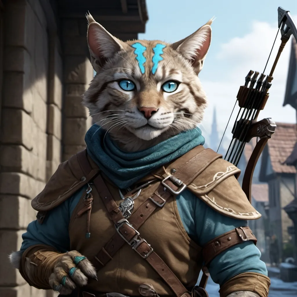 Prompt: dnd5e, Tabaxi, Ranger, fine clothes, and ice-blue eyes, armed with 2 hand crossbow, realistic, 4k, ultra HD, detailed, DnD 5e, city setting, detailed eyes, epic fantasy, high-quality rendering, atmospheric lighting