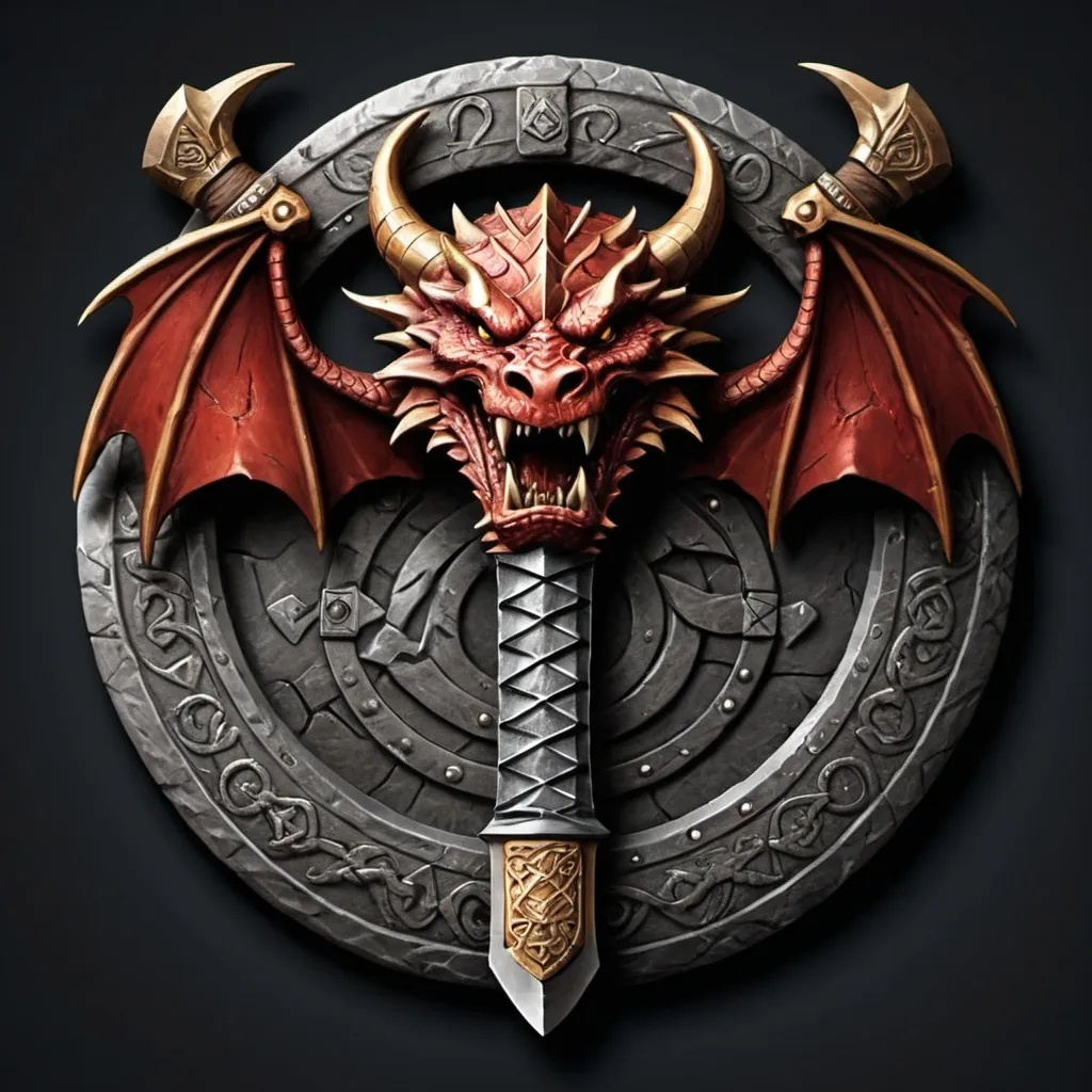 Prompt: Design a logo for a "Dwarven Dragonslayer Troop." The logo should be a circular emblem with a rugged, ancient feel. At the center, depict a stylized dragon's head, snarling, with its mouth open wide. The dragon's scales are intricate, and its eyes are fierce, giving a sense of power and menace. A large, crossed dwarven axe and hammer are placed behind the dragon's head, symbolizing the troop's strength and skill in battle. The handles of the weapons are engraved with dwarven runes.

Surrounding the central image, a thick, metal ring borders the logo, with smaller dragon scales etched into the surface. At the top of the ring, inscribe the troop's name in bold, runic-style letters: "Dwarven Dragonslayers." The overall color scheme should be dark and metallic, with accents of red and gold to convey a sense of valor and danger.