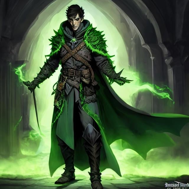 Prompt: dnd 5e, warlock, human variant, green robe