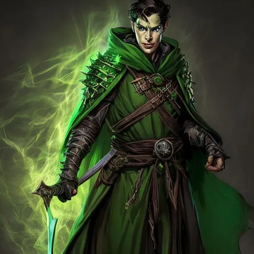 Prompt: dnd 5e, warlock, human variant, green robe, Longbow, realistic, 4k, ultra HD