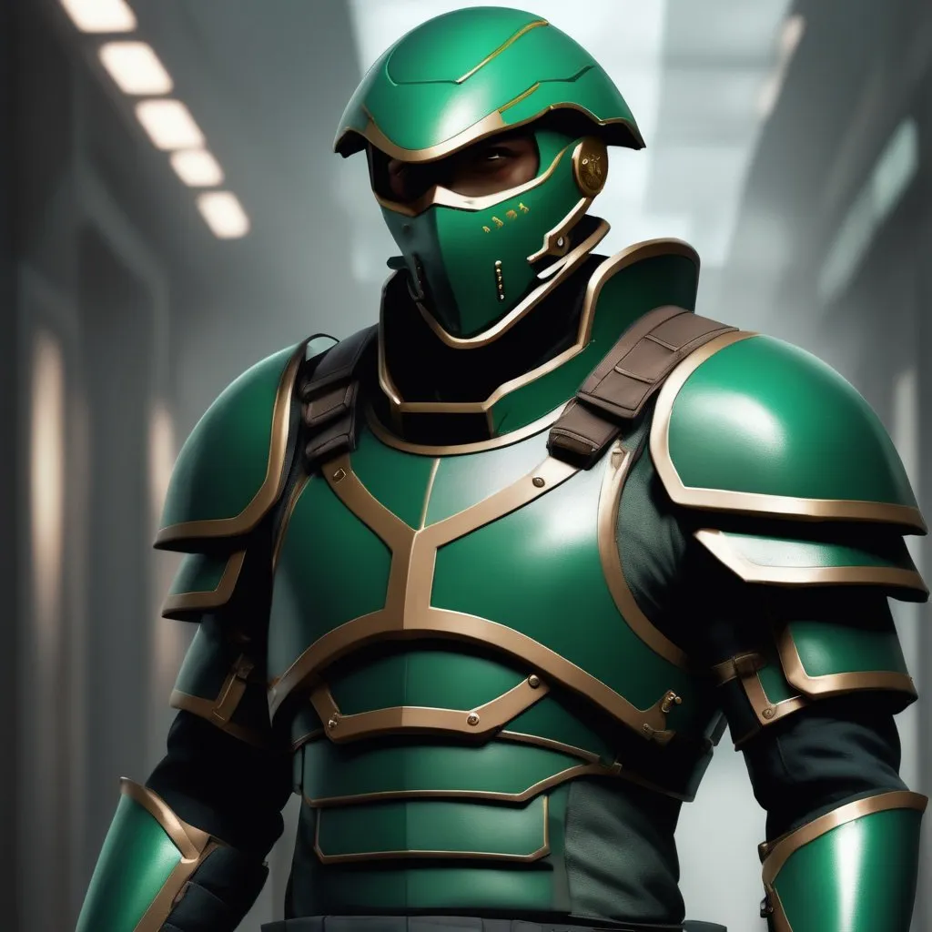 Prompt: Design a paranoia soldier in armor, with mask, whose rank is green, his armor is generally green, realistic, 4k, ultra HD