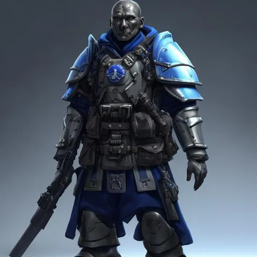 Prompt: Design a paranoia soldier in armor, whose rank is indigo, his armor is generally indigo, malformed, realistic, 4k, ultra HD
