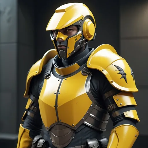 Prompt: Design a paranoia soldier in armor, no helmet, whose rank is yellow, his armor is generally yellow, realistic, 4k, ultra HD