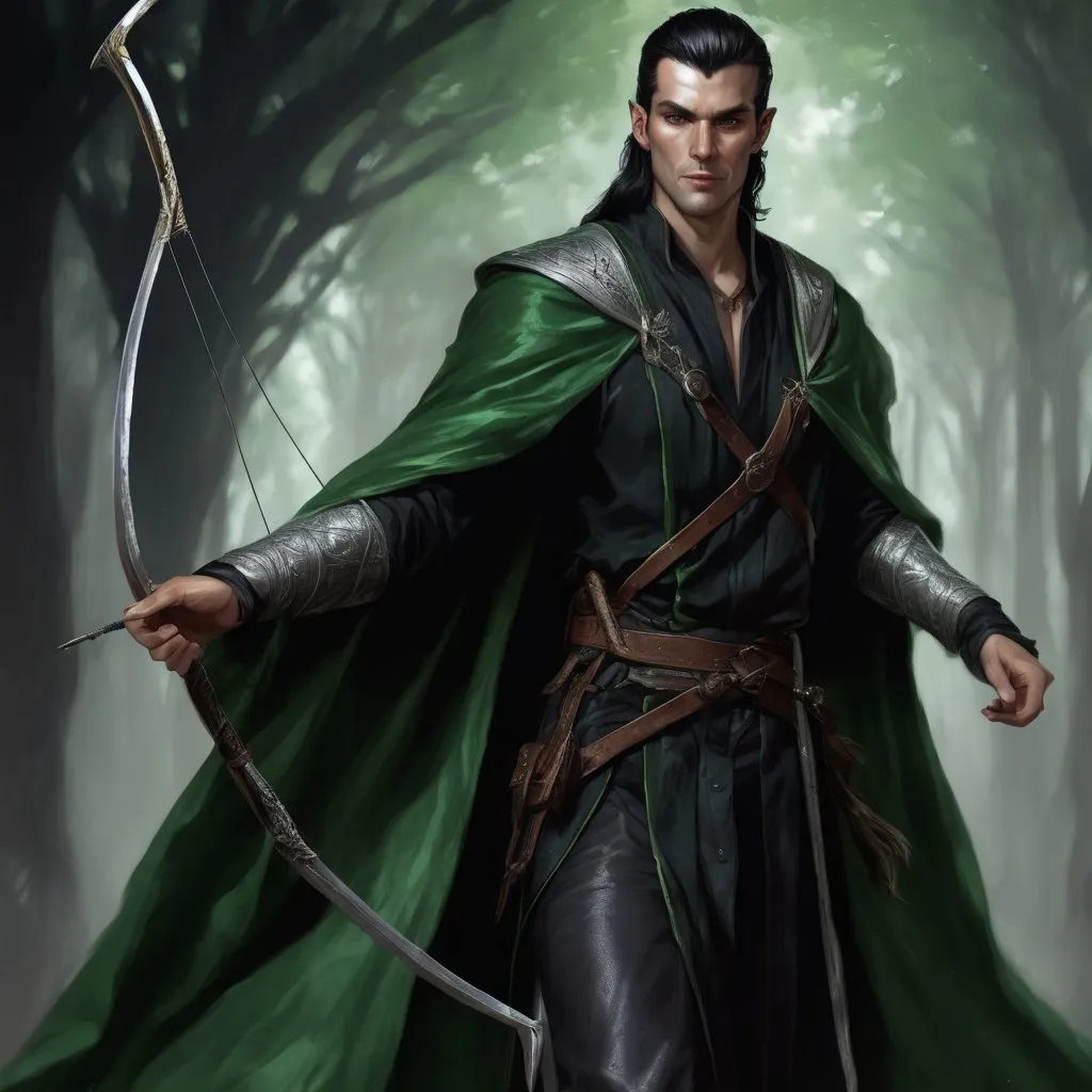 Prompt: dnd 5e, warlock, human variant, handsome, long black haired, young, green robe, Silvery illustration, Longbow, realistic, 4k, ultra HD