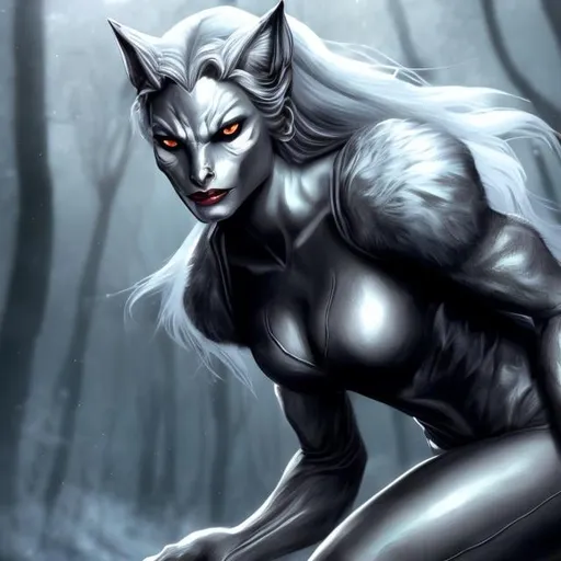 Prompt: silvery illustrated werewolf female, full body, beautiful, full hd, 4k, realistic, 