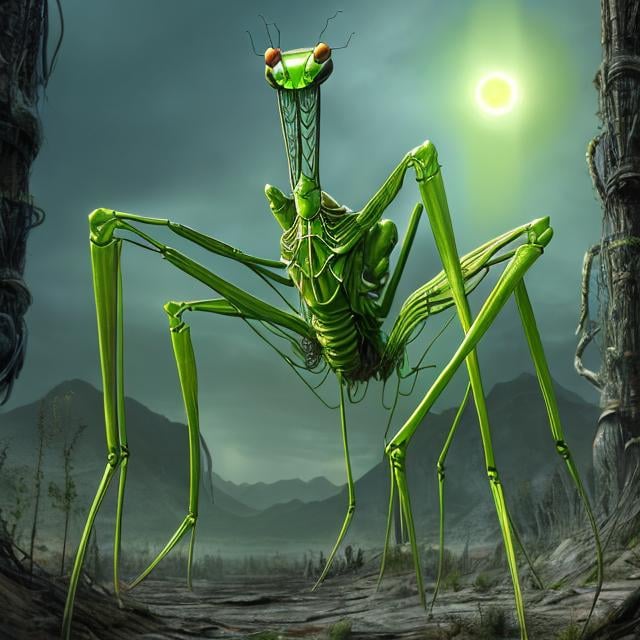 Prompt: Design me a giant radioactive mantis, realistic, 4K, ultra HD