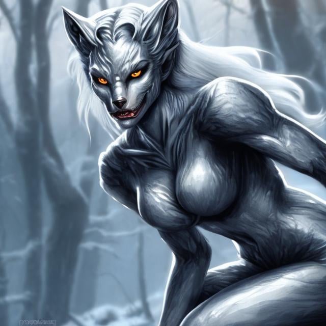 Prompt: silvery illustrated werewolf female, full body, beautiful, full hd, 4k, realistic, 