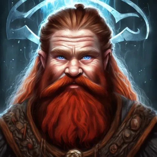 Prompt: Dwarf Sorcerer, red hair, long red braided beards, runic alphabet, blue eyes, realistic, full hd