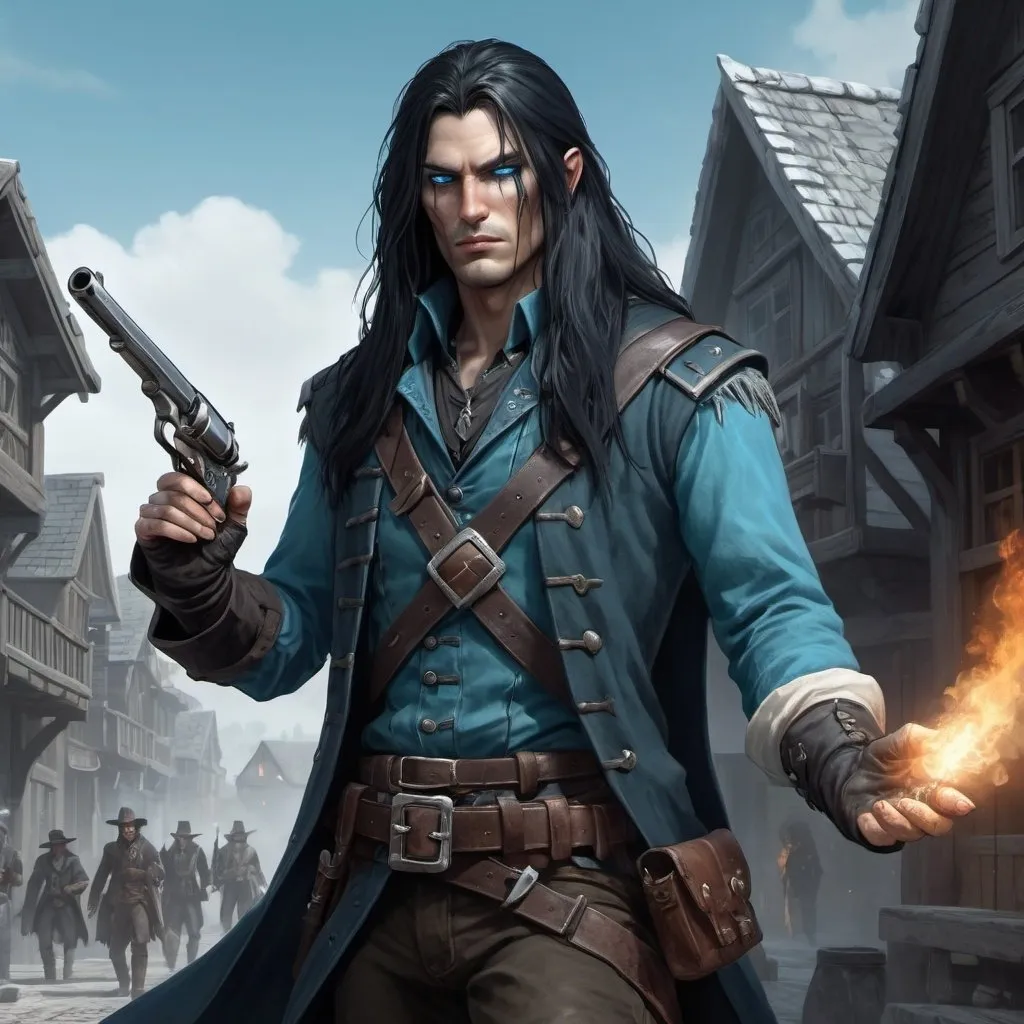 Prompt: dnd5e, awakened undead, Ranger Burghal Explorer with long black hair, fine clothes, and ice-blue eyes, armed with pepperbox pistols, realistic, 4k, ultra HD, detailed, DnD 5e, city setting, detailed eyes, epic fantasy, high-quality rendering, atmospheric lighting