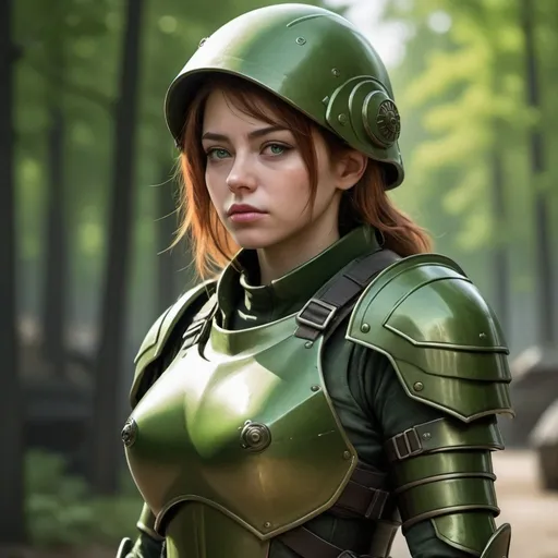 Prompt: Design a paranoia soldier in armor, no helmet, whose rank is green, female, her armor is generally green, realistic, 4k, ultra HD