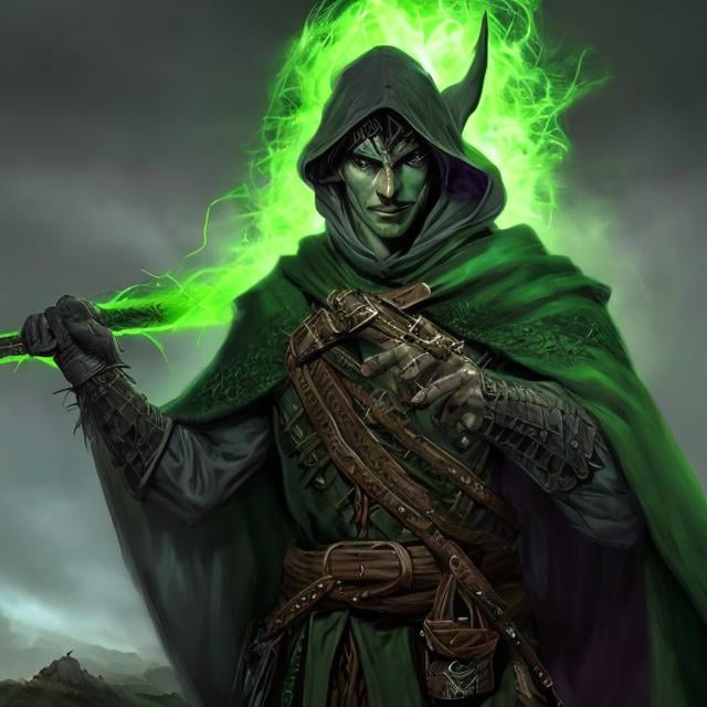 Prompt: dnd 5e, warlock, human variant, green robe, Longbow, realistic, 4k, ultra HD