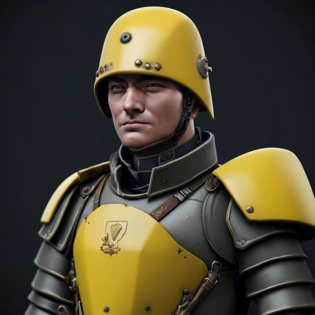 Prompt: Design a paranoia soldier in armor no helmet, whose rank is yellow, his armor is generally yellow, realistic, 4k, ultra HD