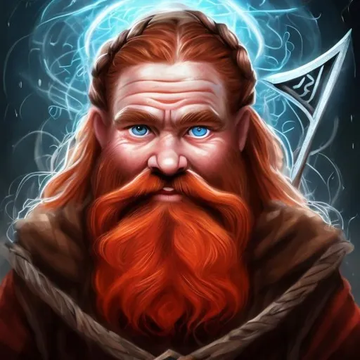Prompt: Dwarf Sorcerer, red hair, long red braided beards, runic alphabet, blue eyes, realistic, full hd