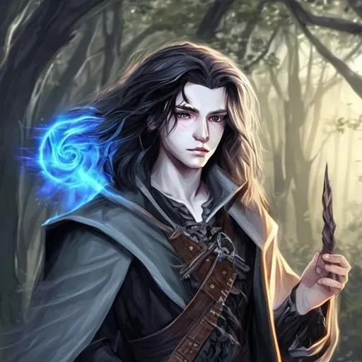 Prompt: DnD style, long black haired, young human male wizard, ultra realistic, green eyes,