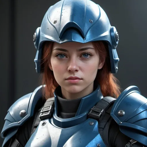 Prompt: Design a paranoia soldier in full armor, wearing a helmet, whose rank is Blue, female, feminine, her armor is generally blue, realistic, 4k, ultra HD