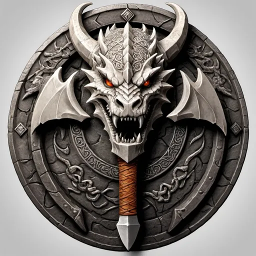 Prompt: Design a logo for a "Dwarven Dragonslayer Troop." The logo should be a circular emblem with a rugged, ancient feel. At the center, depict a stylized dragon's head, snarling, with its mouth open wide. The dragon's scales are intricate, and its eyes are fierce, giving a sense of power and menace. A large, crossed dwarven axe and hammer are placed behind the dragon's head, symbolizing the troop's strength and skill in battle. The handles of the weapons are engraved with dwarven runes.