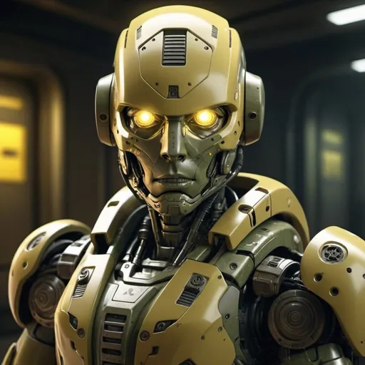 Prompt: Paranoia robot, realistic, 4k, ultra HD, detailed khaki armor, intense gaze, futuristic military setting, professional rendering, atmospheric lighting, detailed facial features, intense expression, military rank insignia, detailed weaponry, high quality, armor with reflective surfaces, realistic shadows, professional, yellow color tones, detailed textures, futuristic technology