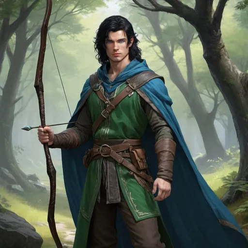 Prompt: dnd 5e, ranger, human, handsome, long black haired, blue eye, young, green robe, full body, Longbow, realistic, 4k, ultra HD