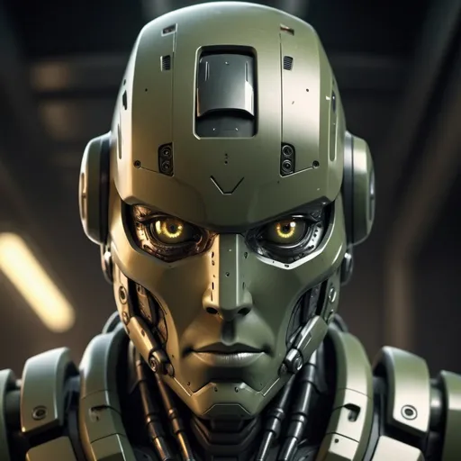 Prompt: Paranoia robot, realistic, 4k, ultra HD, detailed khaki armor, intense gaze, futuristic military setting, professional rendering, atmospheric lighting, detailed facial features, intense expression, military rank insignia, detailed weaponry, high quality, armor with reflective surfaces, realistic shadows, professional, khaki color tones, detailed textures, futuristic technology