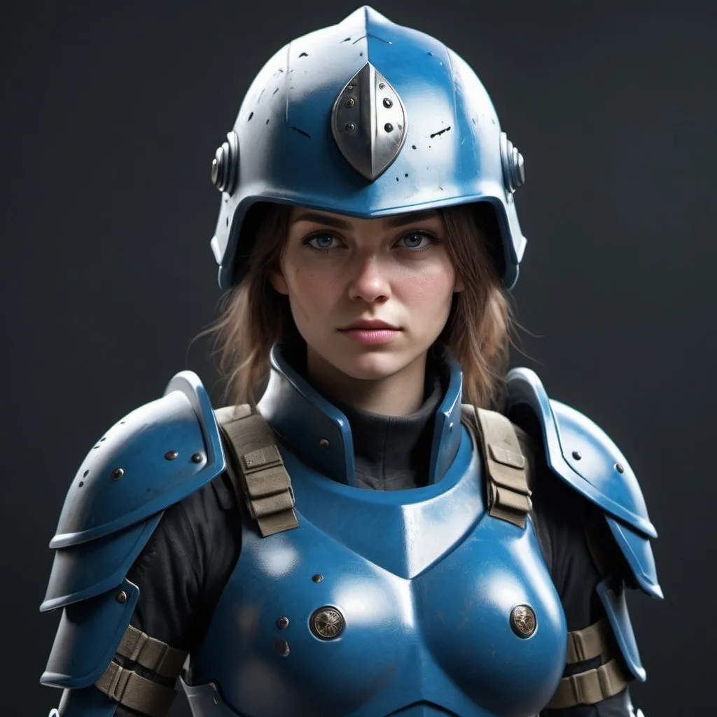 Prompt: Design a paranoia soldier in full armor, wearing a helmet, whose rank is Blue, female, feminine, her armor is generally blue, realistic, 4k, ultra HD