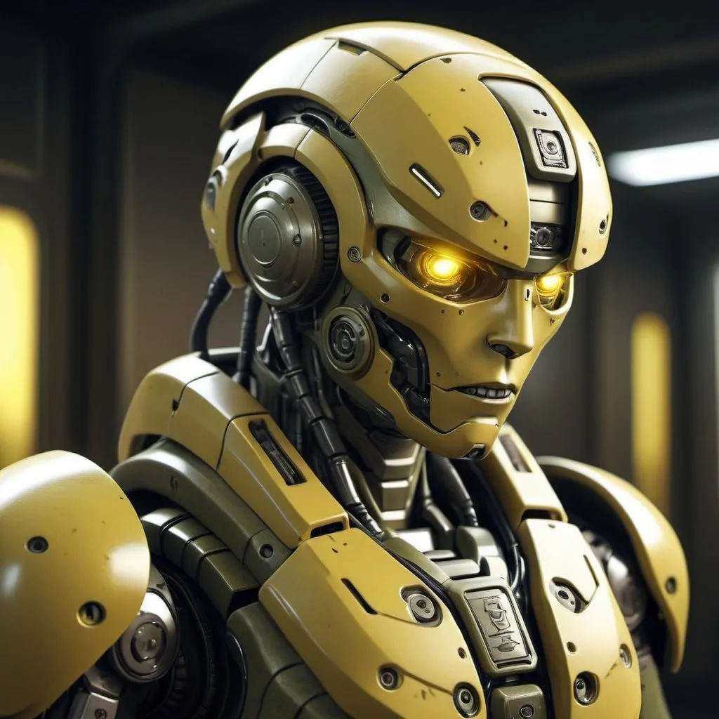 Prompt: Paranoia robot, realistic, 4k, ultra HD, detailed khaki armor, intense gaze, futuristic military setting, professional rendering, atmospheric lighting, detailed facial features, intense expression, military rank insignia, detailed weaponry, high quality, armor with reflective surfaces, realistic shadows, professional, yellow color tones, detailed textures, futuristic technology