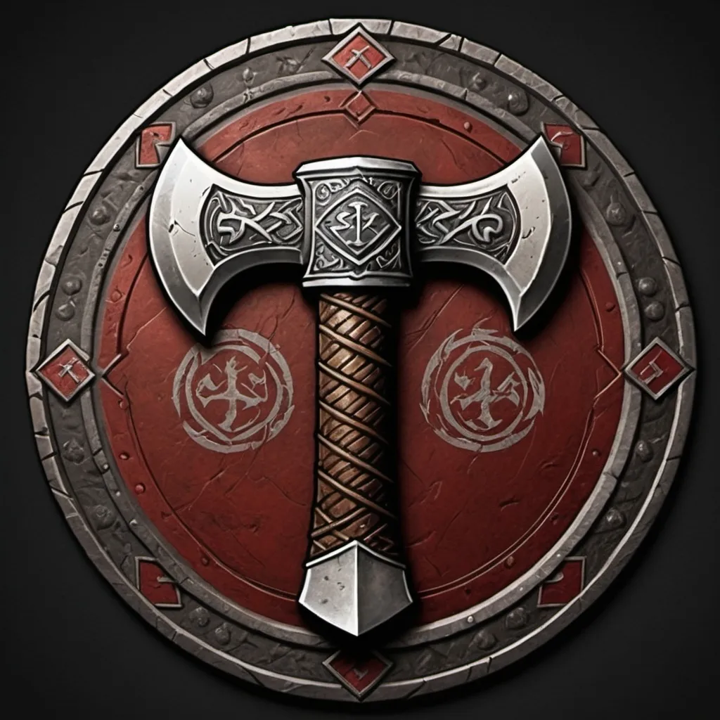 Prompt: Design a logo for a "Dwarven Dragonslayer Troop." The logo should be a circular emblem with a rugged, ancient feel. At the center, depict a large, crossed dwarven axe and hammer, symbolizing the troop's strength and skill in battle. The weapons are intricately detailed, with the axe featuring a double-bladed head and the hammer having a thick, heavy head. The handles of both weapons are engraved with dwarven runes, showcasing the troop's heritage.

Surrounding the central image, a thick, metal ring borders the logo, with smaller dragon scales etched into the surface. The overall color scheme should be dark and metallic, with accents of red and gold to convey a sense of valor and danger.