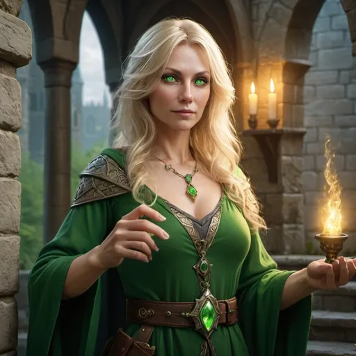 Prompt: beautiful human Lady wizard 47 years old blonde hair, green eyes, 4k, ultra HD, detailed, DnD 5e, castle setting, detailed eyes, epic fantasy, high-quality rendering, atmospheric lighting