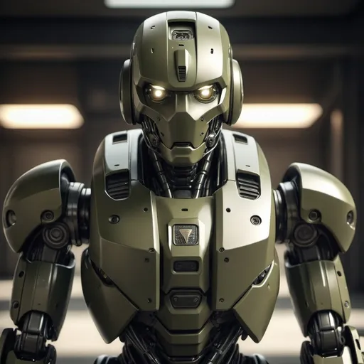 Prompt: Paranoia robot, realistic, 4k, ultra HD, detailed khaki armor, intense gaze, futuristic military setting, professional rendering, atmospheric lighting, detailed facial features, intense expression, military rank insignia, detailed weaponry, high quality, armor with reflective surfaces, realistic shadows, professional, khaki color tones, detailed textures, futuristic technology