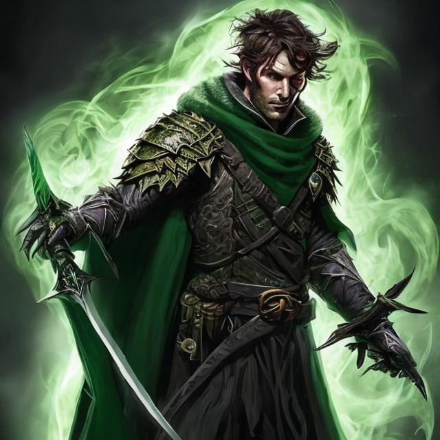 Prompt: dnd 5e, warlock, human variant, green robe, Longbow, realistic, 4k, ultra HD