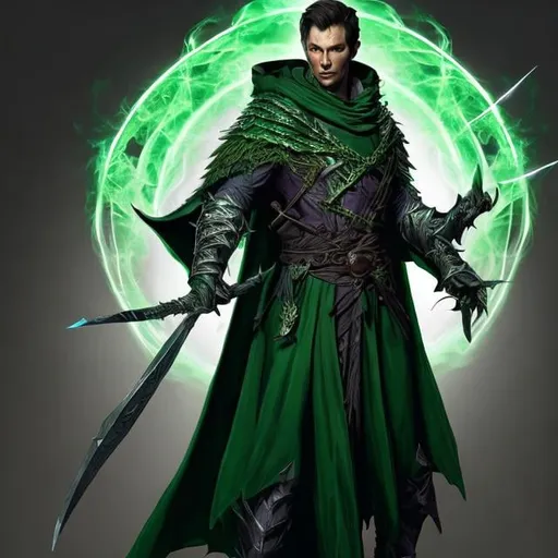 Prompt: dnd 5e, warlock, human variant, green robe, Silvery illustration, Longbow, realistic, 4k, ultra HD