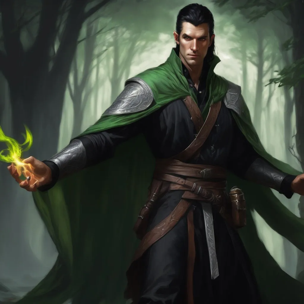 Prompt: dnd 5e, warlock, human variant, handsome, long black haired, young, green robe, Silvery illustration, Longbow, realistic, 4k, ultra HD