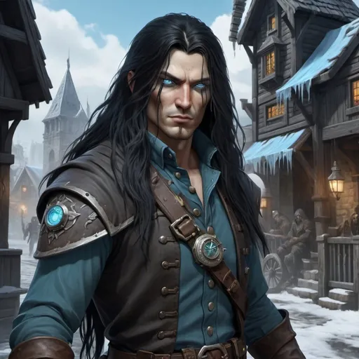 Prompt: dnd5e, awakened undead, Ranger Burghal Explorer with long black hair, fine clothes, and ice-blue eyes, armed with flintclock pistols, realistic, 4k, ultra HD, detailed, DnD 5e, city setting, detailed eyes, epic fantasy, high-quality rendering, atmospheric lighting