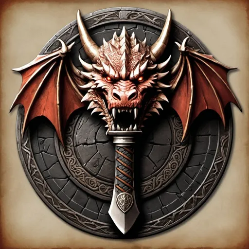 Prompt: Design a logo for a "Dwarven Dragonslayer Troop." The logo should be a circular emblem with a rugged, ancient feel. At the center, depict a stylized dragon's head, snarling, with its mouth open wide. The dragon's scales are intricate, and its eyes are fierce, giving a sense of power and menace. A large, crossed dwarven axe and hammer are placed behind the dragon's head, symbolizing the troop's strength and skill in battle. The handles of the weapons are engraved with dwarven runes.

Surrounding the central image, a thick, metal ring borders the logo, with smaller dragon scales etched into the surface. At the top of the ring, inscribe the troop's name in bold, runic-style letters: "Dwarven Dragonslayers." The overall color scheme should be dark and metallic, with accents of red and gold to convey a sense of valor and danger.