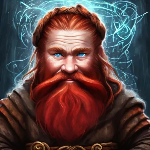 Prompt: Dwarf Sorcerer, red hair, long red braided and fancy beards, runic alphabet, blue eyes, realistic, full hd