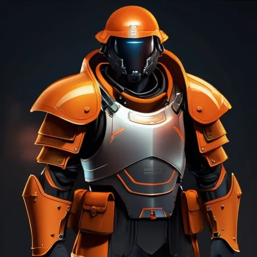 Prompt: Design a paranoia soldier in armor, , whose rank is orange, his armor is generally orange, realistic, 4k, ultra HD