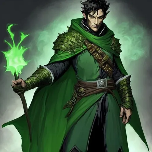 Prompt: dnd 5e, warlock, human variant, green robe