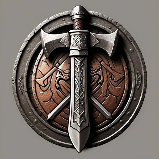 Prompt: Design a logo for a "Dwarven Dragonslayer Troop." The logo should be a circular emblem with a rugged, ancient feel. A large, crossed dwarven axe and hammer are placed behind the dragon's head, symbolizing the troop's strength and skill in battle. The handles of the weapons are engraved with dwarven runes.