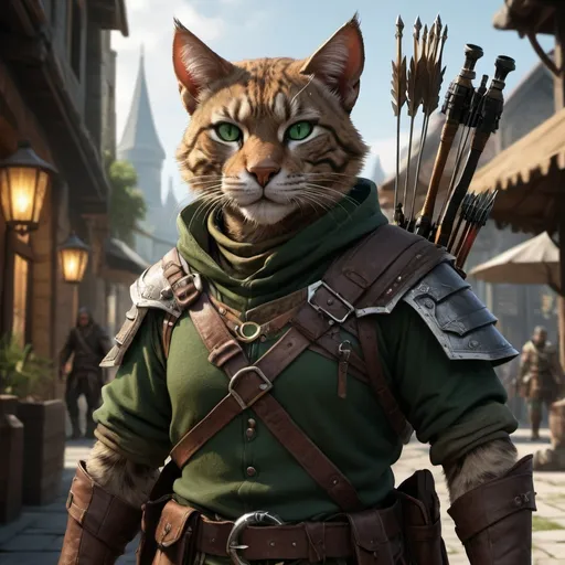 Prompt: dnd5e, Tabaxi, Ranger, fine clothes, and dark green eyes, armed with 2 hand crossbow, realistic weapons, detailed weapons, fullbody, realistic, 4k, ultra HD, detailed, DnD 5e, city setting, detailed eyes, epic fantasy, high-quality rendering, atmospheric lighting, intense gaze, professional rendering, atmospheric lighting, detailed facial features, intense expression, detailed weaponry, realistic shadows, professional, detailed textures,