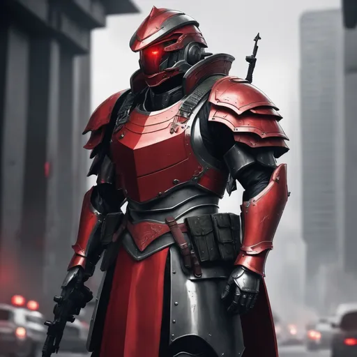 Prompt: Design a paranoia soldier in armor, , whose rank is red, his armor is generally red, realistic, 4k, ultra HD