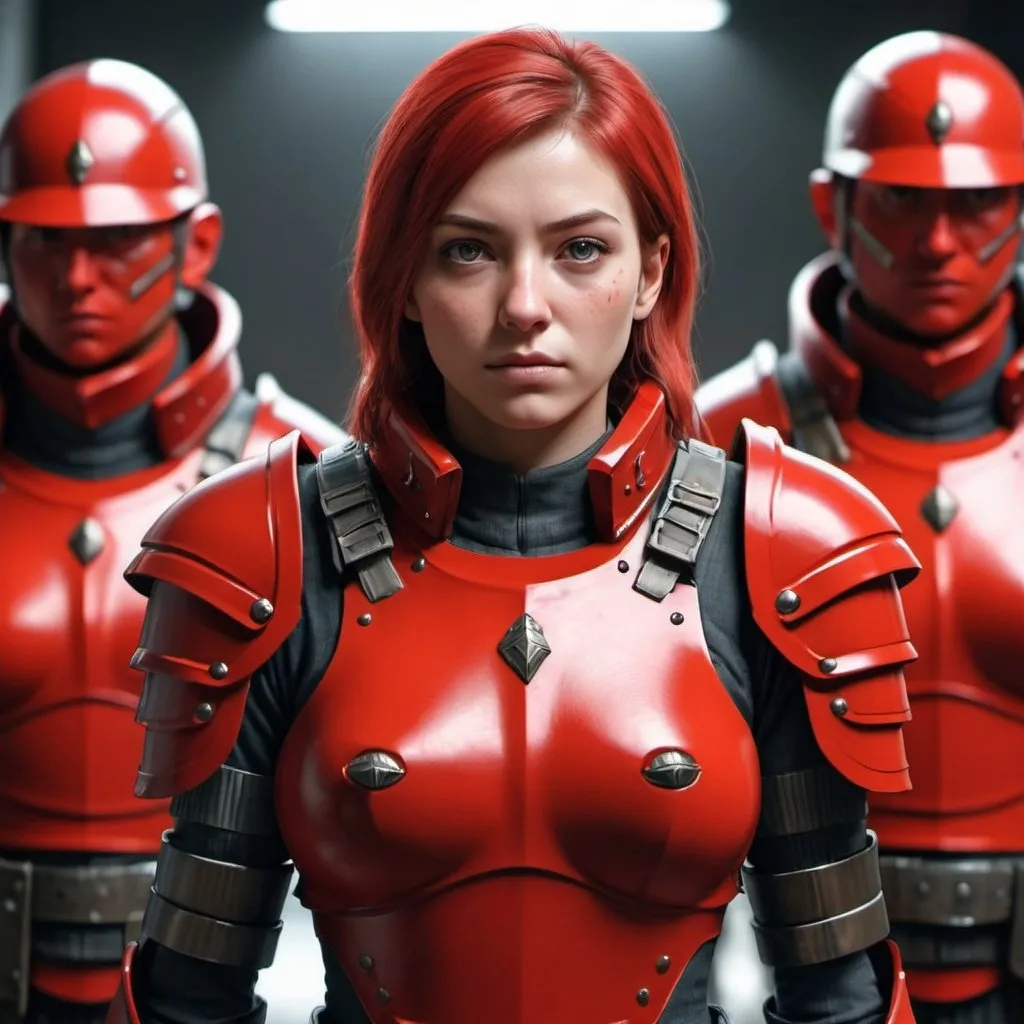 Prompt: Design a paranoia soldier in armor, no helmet, whose rank is red, female, her armor is generally red, realistic, 4k, ultra HD, faces different from the others you do