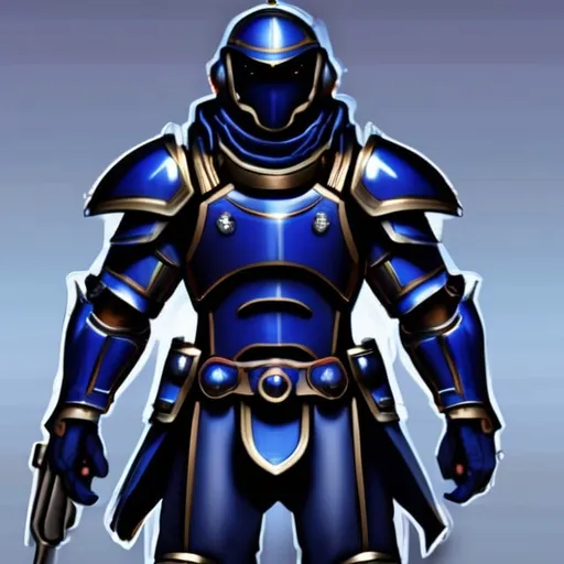 Prompt: Design a paranoia soldier in armor, whose rank is indigo, his armor is generally indigo, malformed, realistic, 4k, ultra HD