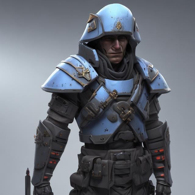 Prompt: Design a paranoia soldier in armor, without mask, whose rank is blue, his armor is generally blue, realistic, 4k 