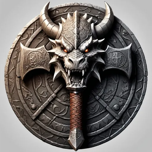 Prompt: Design a logo for a "Dwarven Dragonslayer Troop." The logo should be a circular emblem with a rugged, ancient feel. At the center, depict a stylized dragon's head, snarling, with its mouth open wide. The dragon's scales are intricate, and its eyes are fierce, giving a sense of power and menace. A large, crossed dwarven axe and hammer are placed behind the dragon's head, symbolizing the troop's strength and skill in battle. The handles of the weapons are engraved with dwarven runes.