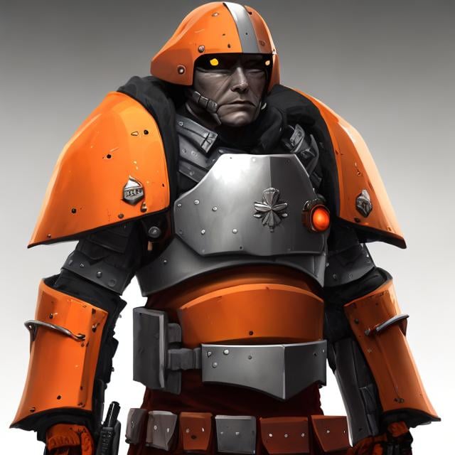 Prompt: Design a paranoia soldier in armor, , whose rank is orange, his armor is generally orange, realistic, 4k, ultra HD