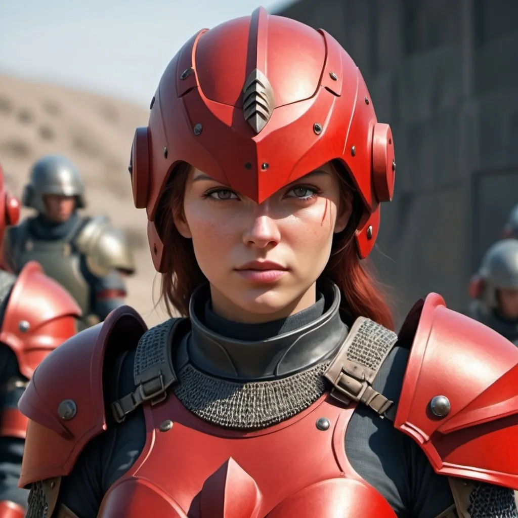 Prompt: Design a paranoia soldier in armor, no helmet, whose rank is red, female, her armor is generally red, realistic, 4k, ultra HD, faces different from the others you do