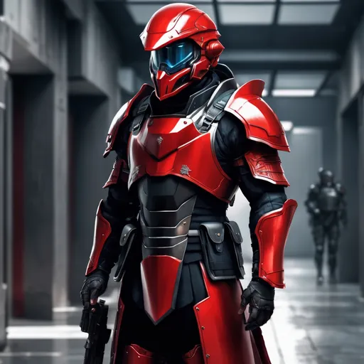 Prompt: Design a paranoia soldier in armor, whose rank is red, his armor is generally red, no helmet, human, realistic, 4k, ultra HD