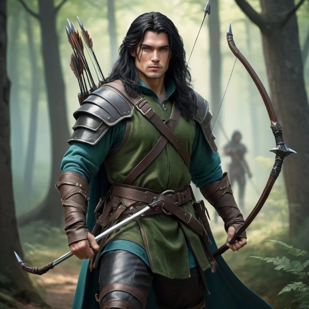 Prompt: handsome human ranger in green robe with long black hair, dressed in leather armor, blue eyes, carrying lordly longbow and two shortswords, realistic, 4k, ultra HD, full body, detailed, DnD 5e, young, forest setting, detailed eyes, epic fantasy, high-quality rendering, atmospheric lighting