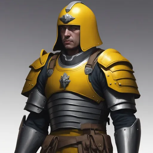 Prompt: Design a paranoia soldier in armor no helmet, whose rank is yellow, his armor is generally yellow, realistic, 4k, ultra HD