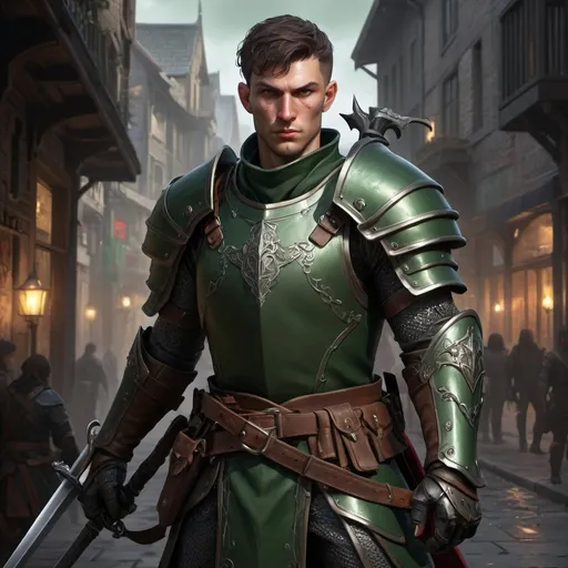 Prompt: dnd5e, Human, eldritch knight fighter, Fullplaye armor, without helmet, dark green eyes, armed with sword and shield, realistic weapons, detailed weapons, fullbody, realistic, 4k, ultra HD, detailed, DnD 5e, city setting, detailed eyes, epic fantasy, high-quality rendering, atmospheric lighting, intense gaze, professional rendering, atmospheric lighting, detailed facial features, intense expression, detailed weaponry, realistic shadows, professional, detailed textures,