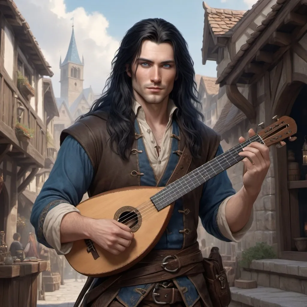 Prompt: handsome human bard with long black hair, fine clothes, and blue eyes, carrying a lute, realistic, 4k, ultra HD, detailed, DnD 5e, young, city setting, detailed eyes, epic fantasy, high-quality rendering, atmospheric lighting